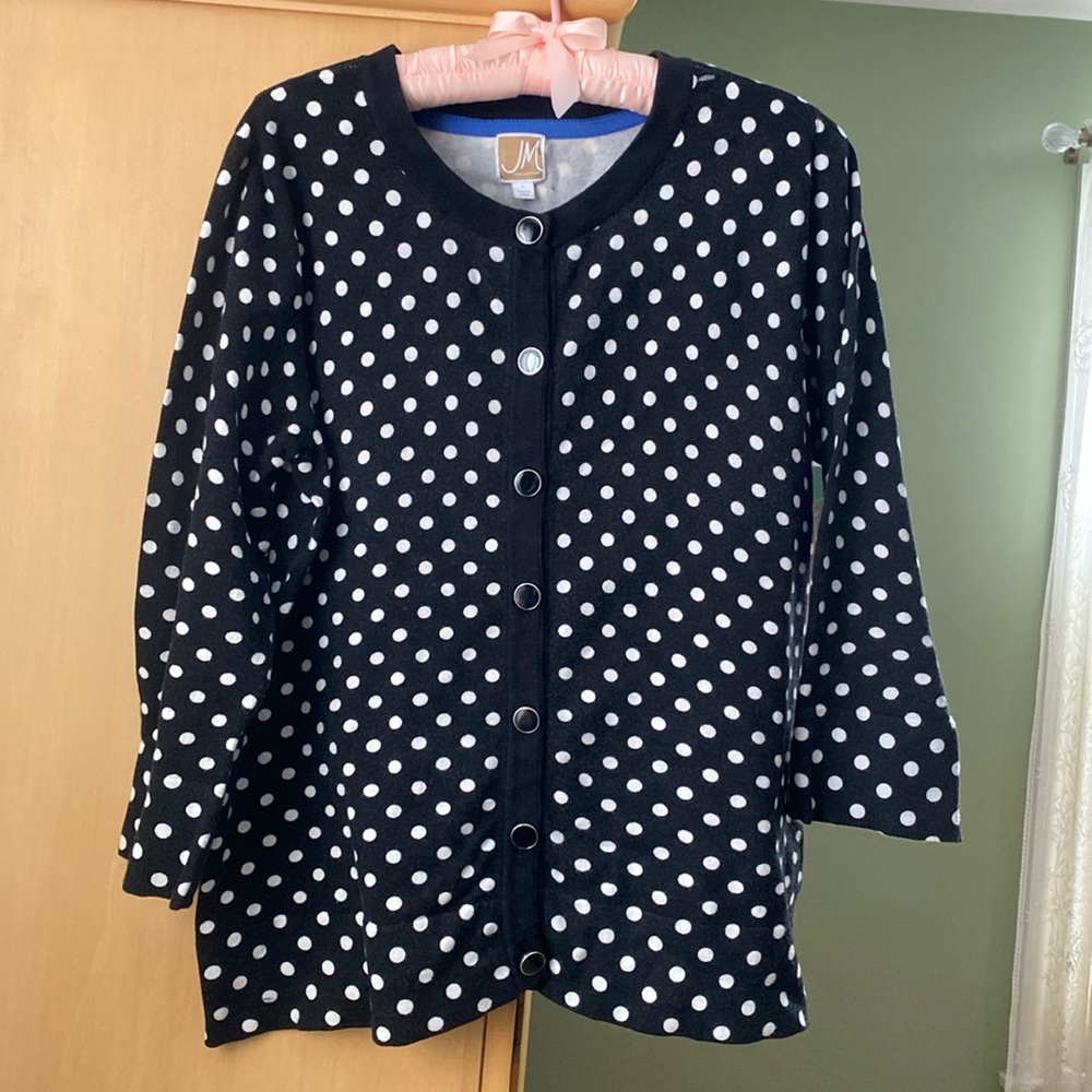 JM black cardigan with white polka dots. Size Large